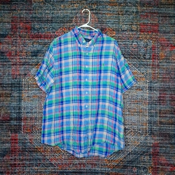 Ralph Lauren mens colorful plaid 100% linen button front shirt XL EUC - Picture 1 of 5